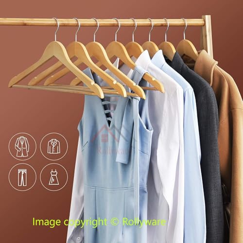 ROLLYWARE Wooden Cloth Hangers, Heavy Duty Wooden Hangers for Coats, Jacket, Dress, Sarees, Pants, Scarfs & Other Clothes, Durable & Versatile, Smooth Finish with 360° Swivel Hook Set of 20 - Image 2