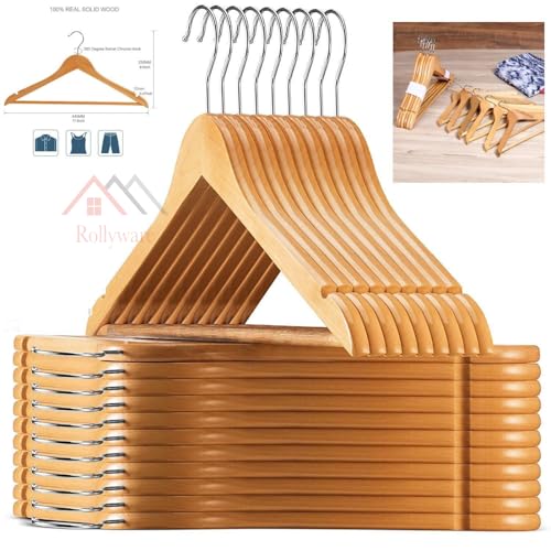 ROLLYWARE Wooden Cloth Hangers, Heavy Duty Wooden Hangers for Coats, Jacket, Dress, Sarees, Pants, Scarfs & Other Clothes, Durable & Versatile, Smooth Finish with 360° Swivel Hook Set of 20 - Image 5