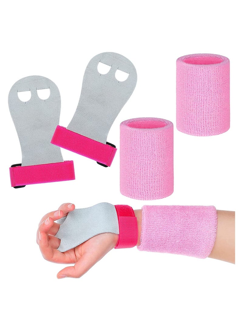 4 Pack Kids Gymnastics Grips, Gymnastics Palm Guard, Pink Gymnastic Hand Grips Athletic Pink Wrist Bands Terry Cloth Sweat Bands Girls Sports Accessories for Kids Basketball Tennis Football Baseball
