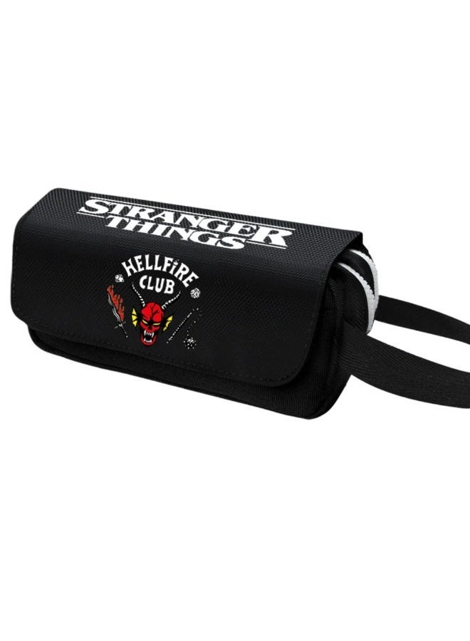 Stranger Things Style Pattern Black Nylon Pencil Case | Large Capacity Student Stationery Pouch | Retro Zipper Closure Pen Bag - Image 1