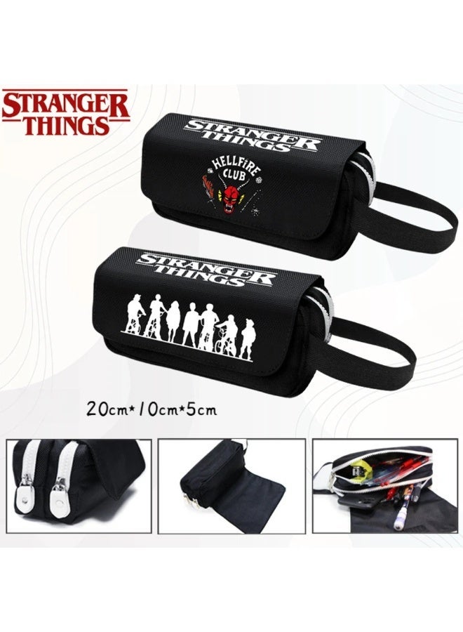 Stranger Things Style Pattern Black Nylon Pencil Case | Large Capacity Student Stationery Pouch | Retro Zipper Closure Pen Bag - Image 2