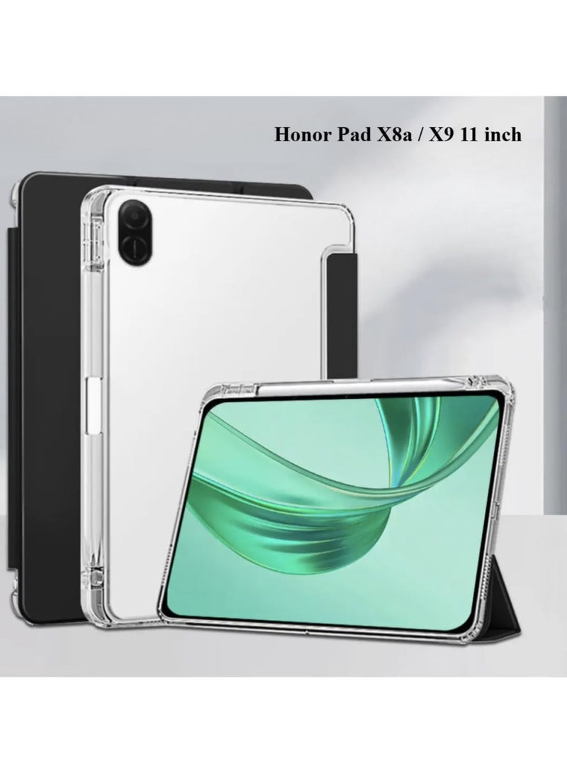 VKL Compatible with Honor Pad X8a / X9 11 inch (2024) Tablet Unid Series Triple Fold Transparent Case With Pencil Holder and Auto Sleep Wake (Black) - Image 2