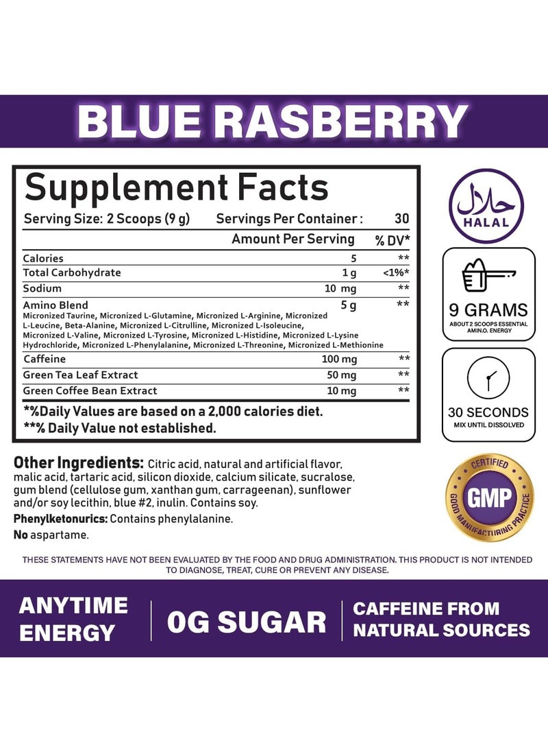 NBL Natural Amino Energy Pre Workout With Green Tea Bcaa Amino Acids Blue Raspberry 270 G 30 Servings  - Image 2