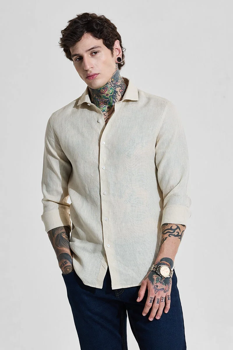 سنيتش قميص كتان بيج بقصة ضيقة