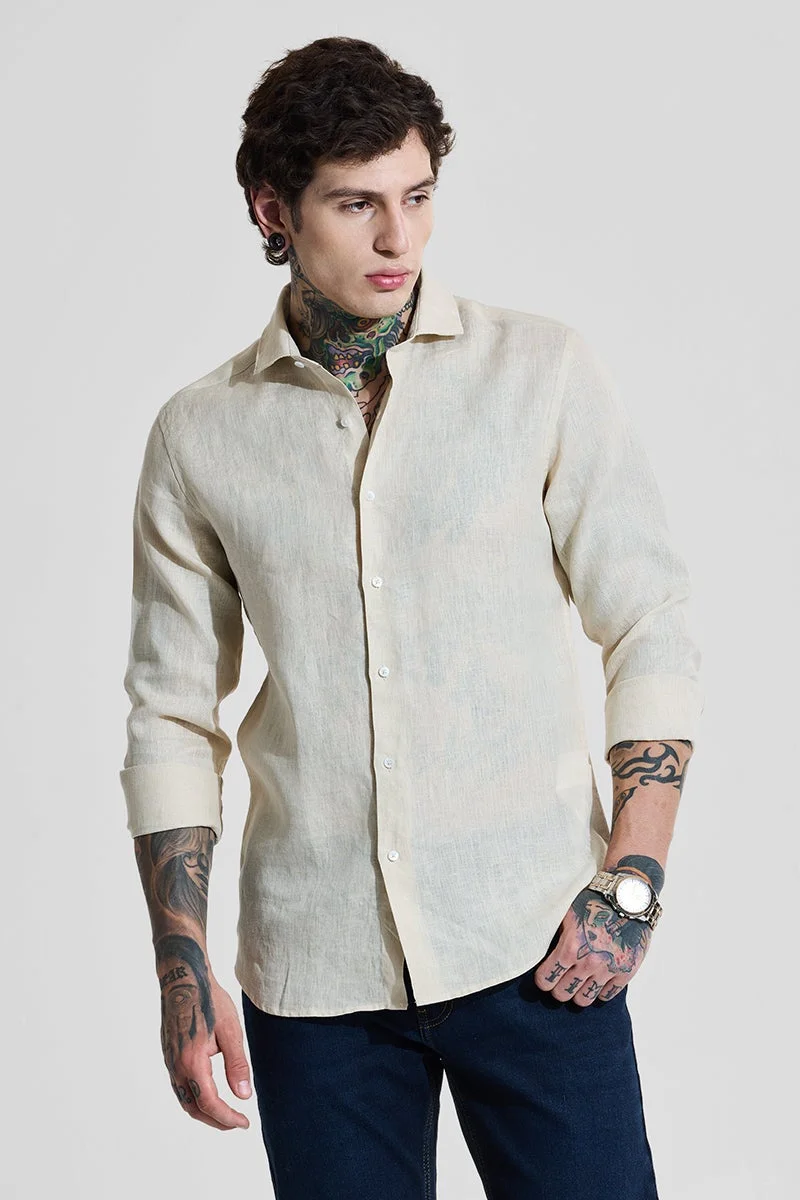 Snitch Beige Beige Slim Fit 100% Linen Shirt for Men | Best Price UAE