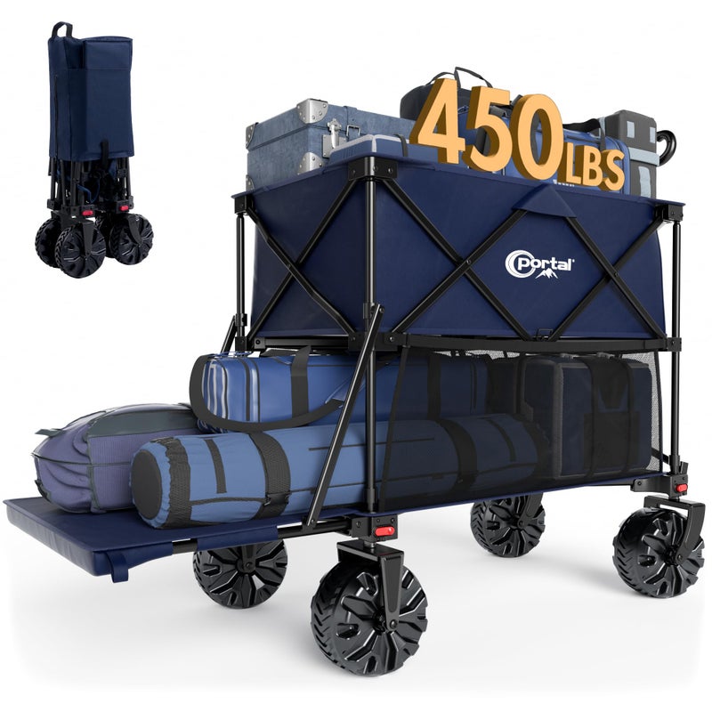 PORTAL 400L Collapsible Double Decker Wagon Folding Wagon Cart with Tailgate Beach Wagon with Big Wheels 450LB Heavy Duty Foldable Wagon Large Capacity Wagon for Camping Sports Garden Baseball