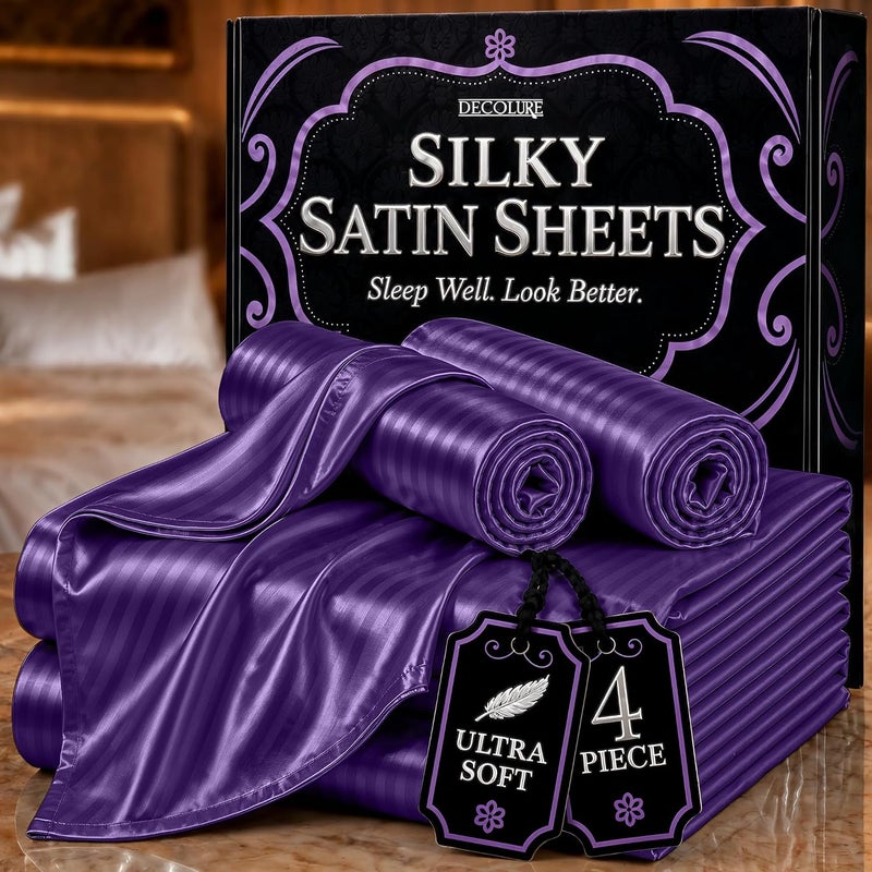 DECOLURE Satin Bed Sheets - 4 Piece Luxury Silky Queen Size Bedding Set - Softer Than Silk, Wrinkle-Free with 15” Deep Pocket Fitted Sheet, Perfect for Hair & Skin, Gifts for Women (Striped Purple) - Image 1