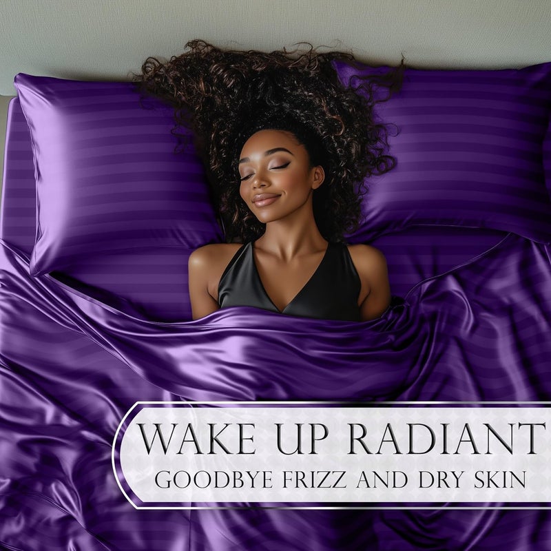 DECOLURE Satin Bed Sheets - 4 Piece Luxury Silky Queen Size Bedding Set - Softer Than Silk, Wrinkle-Free with 15” Deep Pocket Fitted Sheet, Perfect for Hair & Skin, Gifts for Women (Striped Purple) - Image 4
