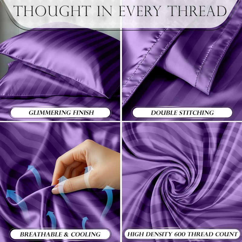 DECOLURE Satin Bed Sheets - 4 Piece Luxury Silky Queen Size Bedding Set - Softer Than Silk, Wrinkle-Free with 15” Deep Pocket Fitted Sheet, Perfect for Hair & Skin, Gifts for Women (Striped Purple) - Image 3