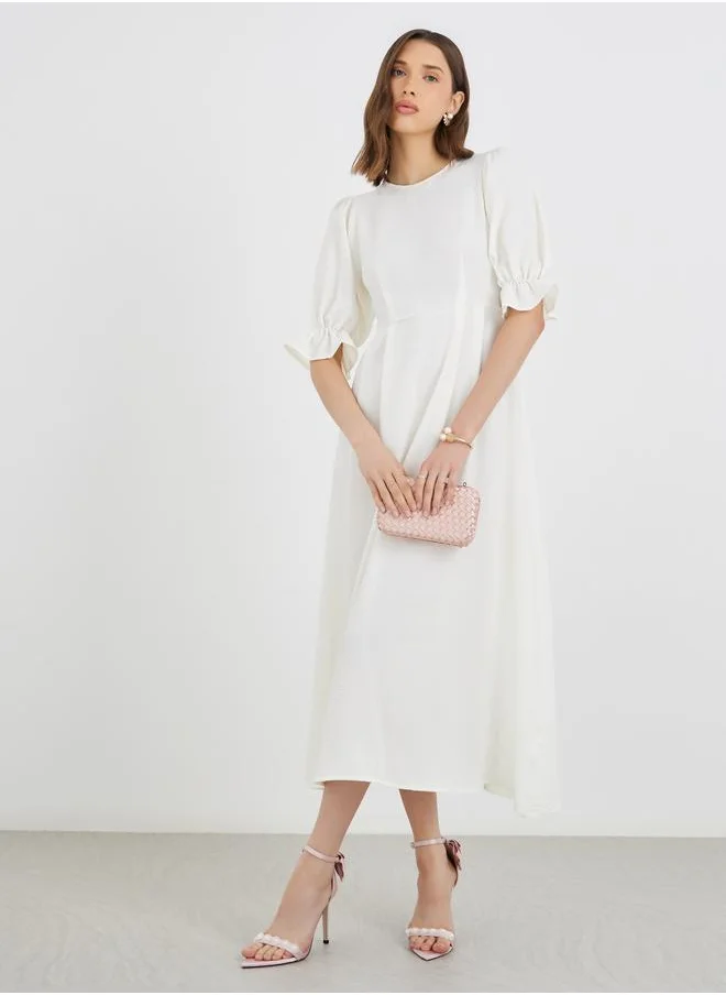 تايك تو Take Two Solid Puff Sleeve Round Neck A-Line Midi Dress