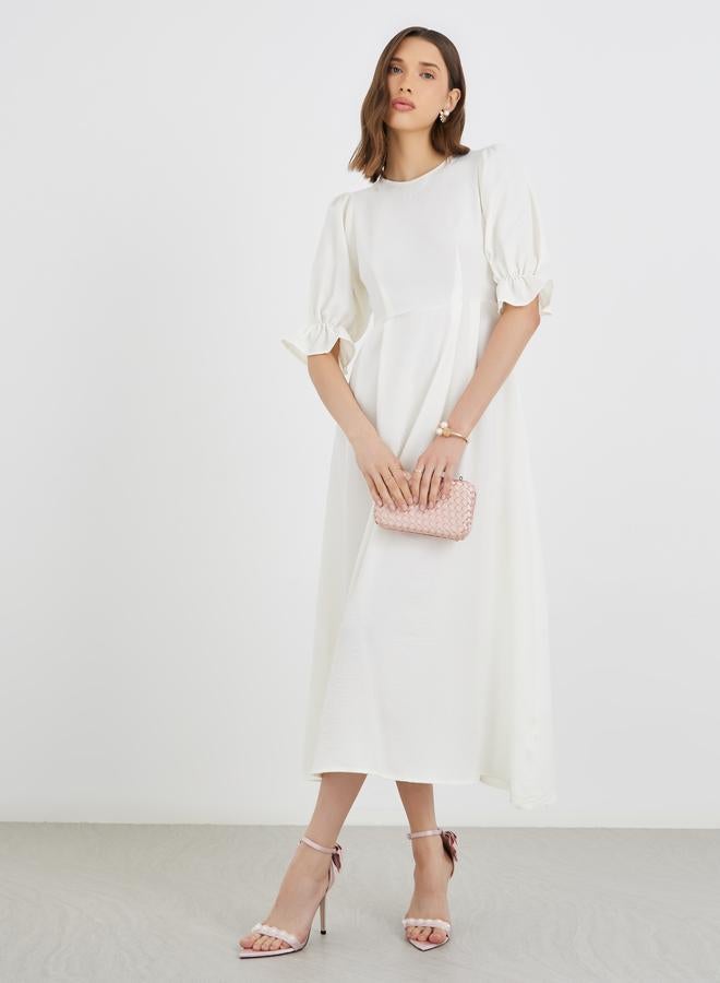 Take Two Solid Puff Sleeve Round Neck A-Line Midi Dress - Image 1