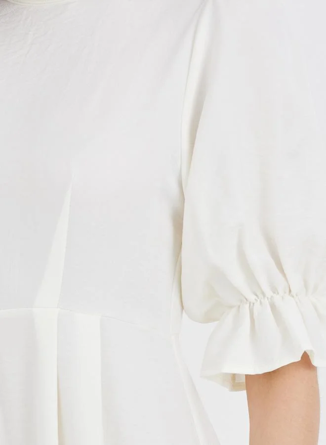Take Two Take Two Solid Puff Sleeve Round Neck A-Line Midi Dress