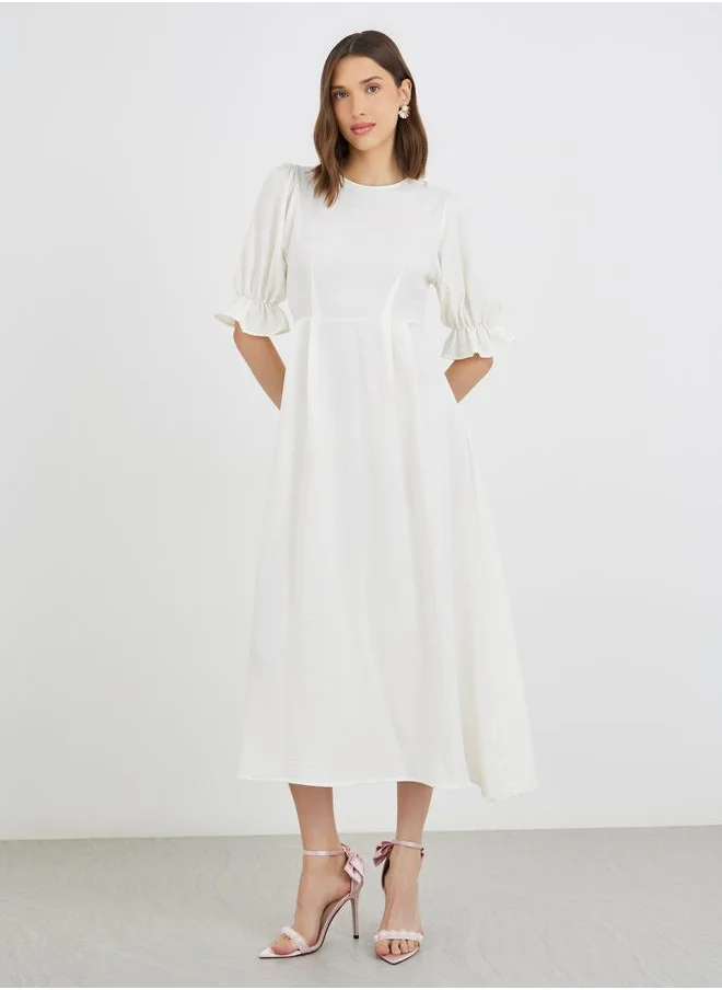 تايك تو Take Two Solid Puff Sleeve Round Neck A-Line Midi Dress