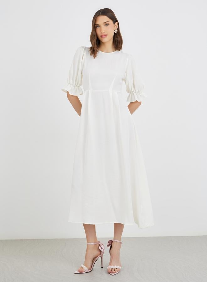 Take Two Solid Puff Sleeve Round Neck A-Line Midi Dress - Image 2