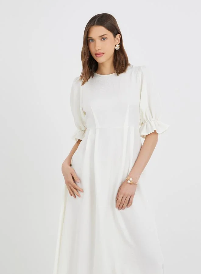 Take Two Take Two Solid Puff Sleeve Round Neck A-Line Midi Dress