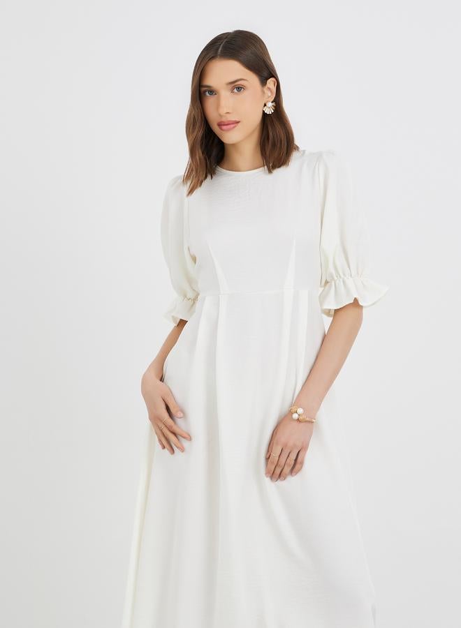 Take Two Solid Puff Sleeve Round Neck A-Line Midi Dress - Image 3