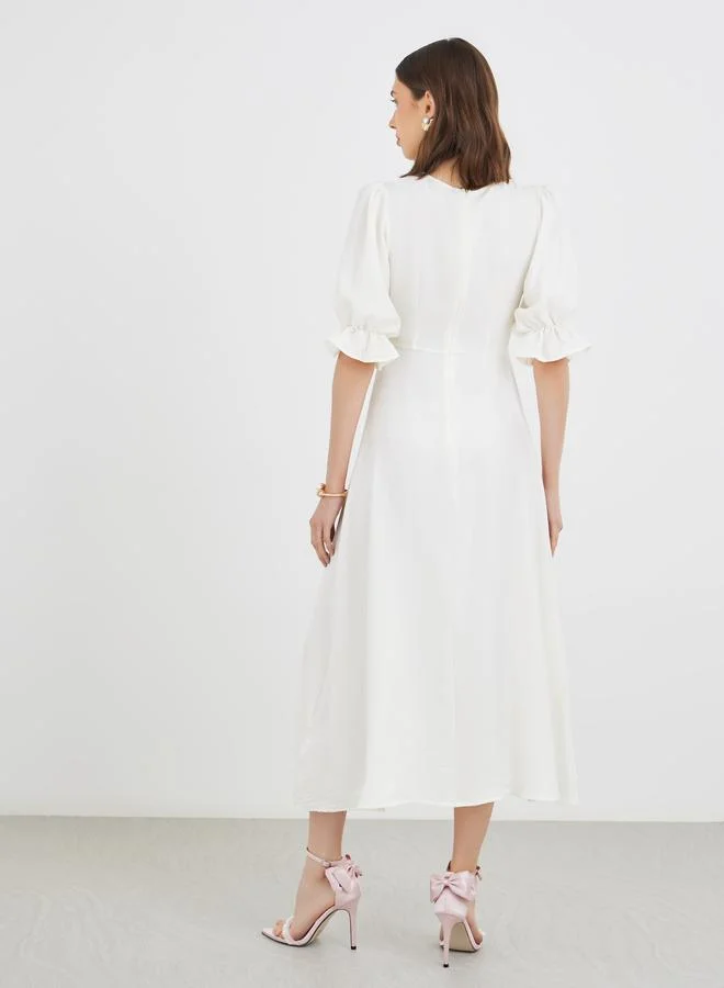Take Two Take Two Solid Puff Sleeve Round Neck A-Line Midi Dress