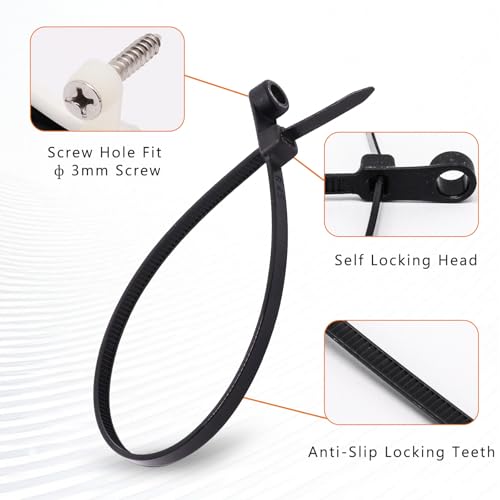 BENLIUDH Zip Ties with Screw Hole, Plastic Self Locking Screw Mount Wire Ties for Indoor & Outdoor Black+White (8 Inch, 200Pcs) - Image 3