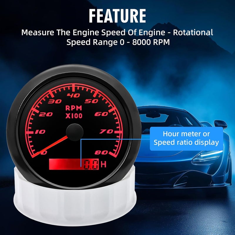 MAIMEIMI Tachometer Gauge 7 Color 0-8000 RPM Tacho Meter 85mm 3 3/8" for Auto Boat Marine Vehicle（Black） - Image 3