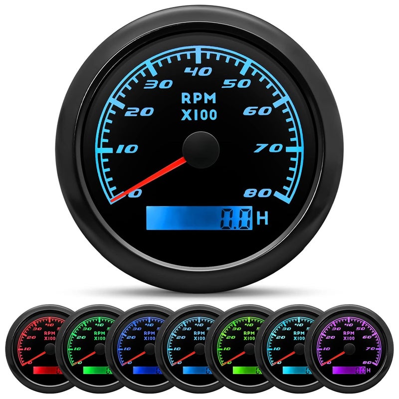 MAIMEIMI Tachometer Gauge 7 Color 0-8000 RPM Tacho Meter 85mm 3 3/8" for Auto Boat Marine Vehicle（Black） - Image 1