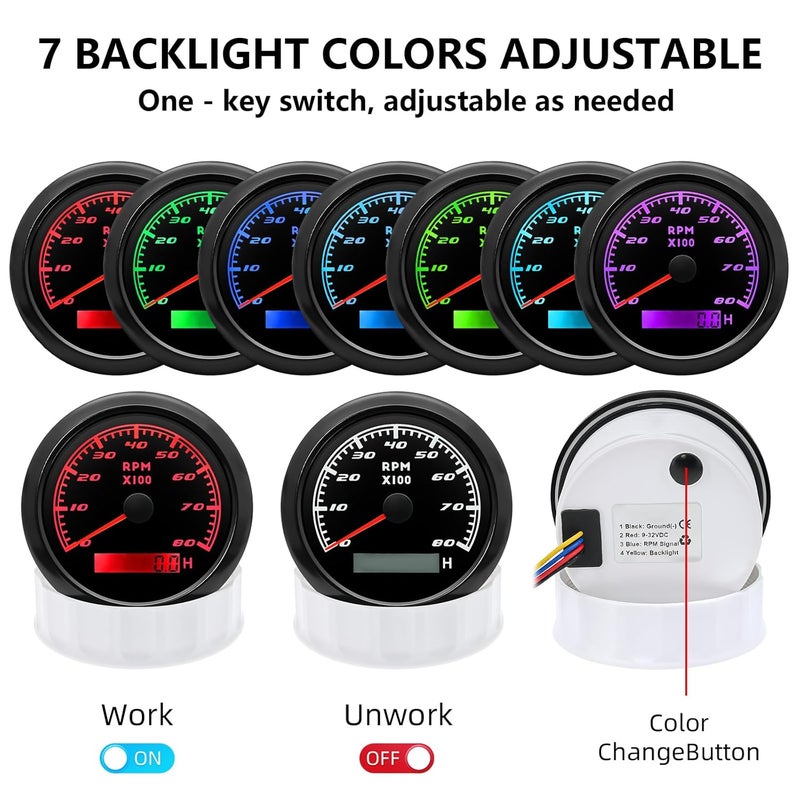 MAIMEIMI Tachometer Gauge 7 Color 0-8000 RPM Tacho Meter 85mm 3 3/8" for Auto Boat Marine Vehicle（Black） - Image 4