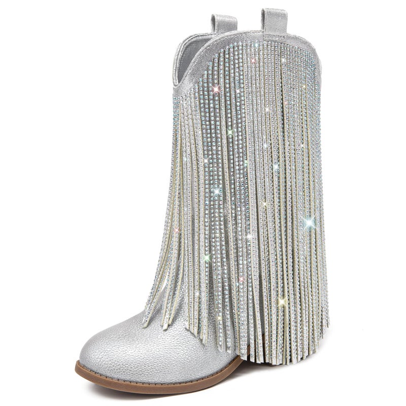 LAURMOSA Silver Cowgirl Boots for Girls Cowboy Boots Size 13 Little Girl Cow Girl Western Kids Fringe Rhinestone Sparkle Tassel Mid Calf Pointed Toe Low Heel Party Birthday Riding (L1056PUSilver 13) - Image 1