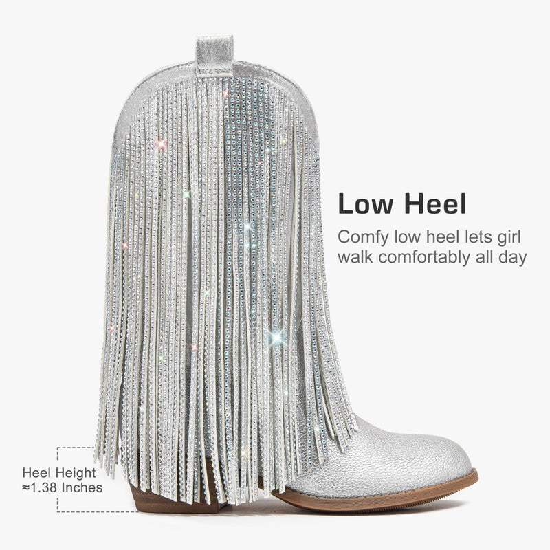 LAURMOSA Silver Cowgirl Boots for Girls Cowboy Boots Size 13 Little Girl Cow Girl Western Kids Fringe Rhinestone Sparkle Tassel Mid Calf Pointed Toe Low Heel Party Birthday Riding (L1056PUSilver 13) - Image 5