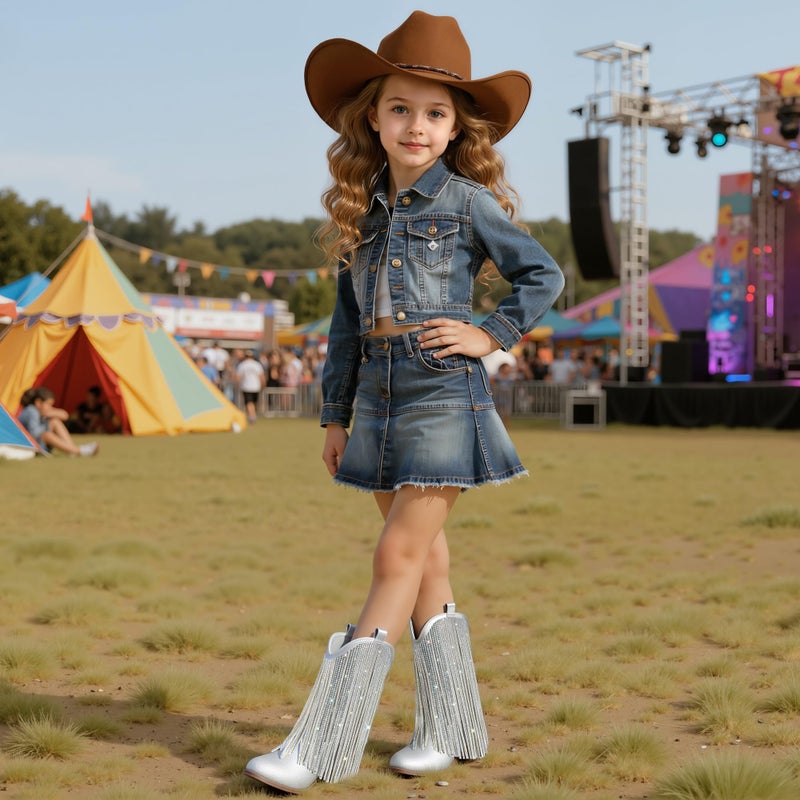 LAURMOSA Silver Cowgirl Boots for Girls Cowboy Boots Size 13 Little Girl Cow Girl Western Kids Fringe Rhinestone Sparkle Tassel Mid Calf Pointed Toe Low Heel Party Birthday Riding (L1056PUSilver 13) - Image 3