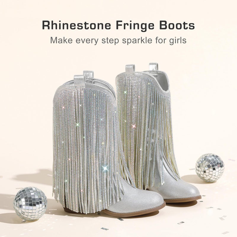 LAURMOSA Silver Cowgirl Boots for Girls Cowboy Boots Size 13 Little Girl Cow Girl Western Kids Fringe Rhinestone Sparkle Tassel Mid Calf Pointed Toe Low Heel Party Birthday Riding (L1056PUSilver 13) - Image 4