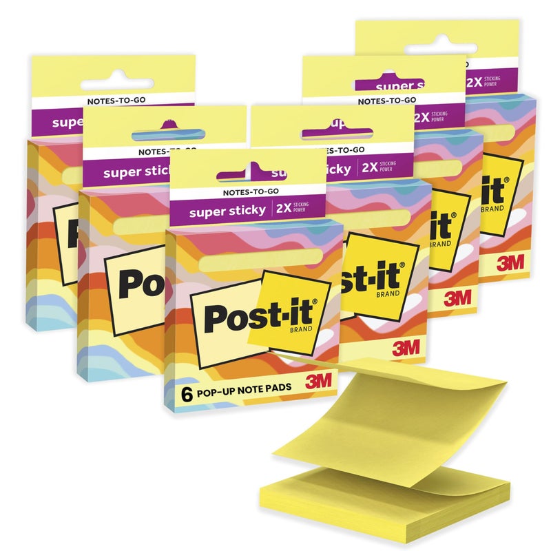 Post-it Super Sticky Notes-to-go Pop-Up Notes, 3 in. x 3 in., 6 Dispensers with 540 Total Pastel Sticky Notes in Citron Yellow Color, Great for School, Office, Classroom, or Home - Image 1