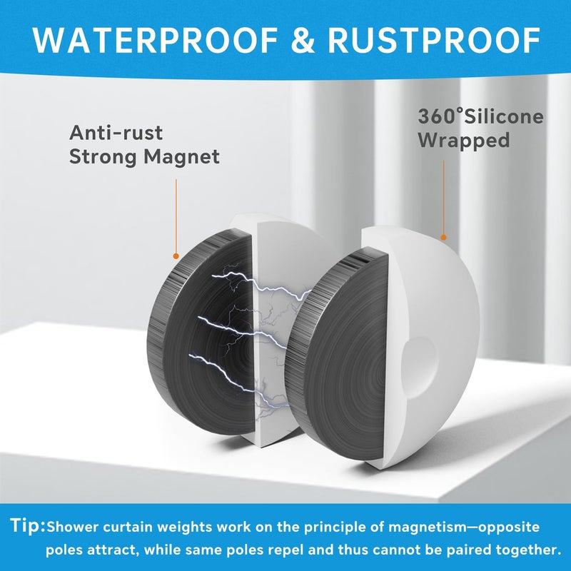 MtMinn Shower Curtain Weights - Silicone Fully Wrapped Rustproof Shower Curtain Magnets, No Sew, Waterproof, Anticollision - Heavy Outdoor Weighted Clips for Drapery, Tablecloth, Flag (4 Pairs) - Image 3