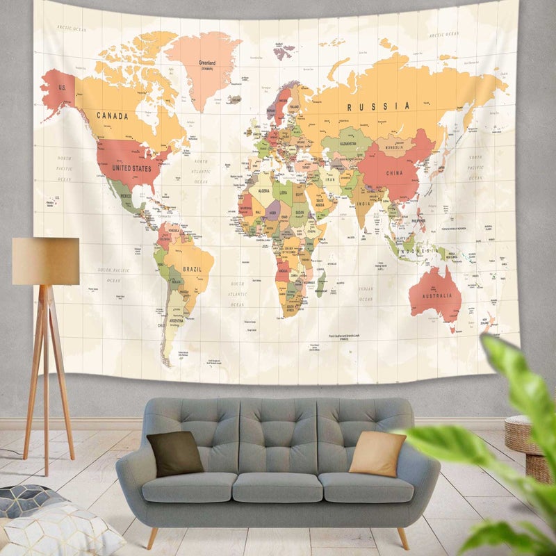 JAWO World Map Tapestry for Kids Student, World Map with Countries and Major Cities Tapestry Educational Tapestry, Asia Europe South City Topography America Africa Japan Wall Tapestry 40X30 Inch(Yellow)  - Image 1