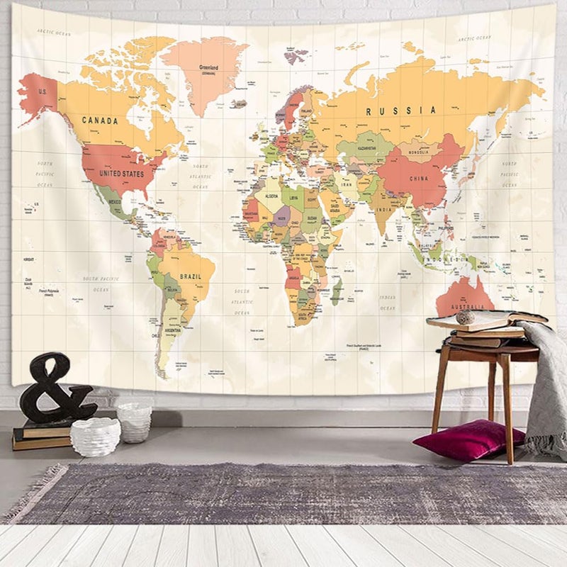 JAWO World Map Tapestry for Kids Student, World Map with Countries and Major Cities Tapestry Educational Tapestry, Asia Europe South City Topography America Africa Japan Wall Tapestry 40X30 Inch(Yellow)  - Image 3