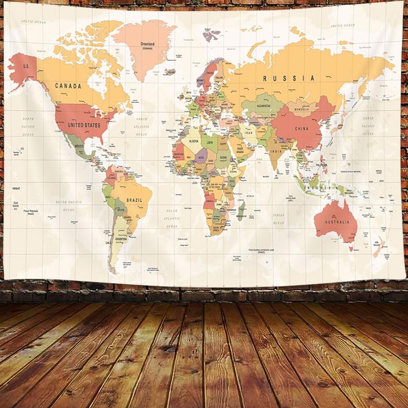 JAWO World Map Tapestry for Kids Student, World Map with Countries and Major Cities Tapestry Educational Tapestry, Asia Europe South City Topography America Africa Japan Wall Tapestry 40X30 Inch(Yellow)  - Image 2