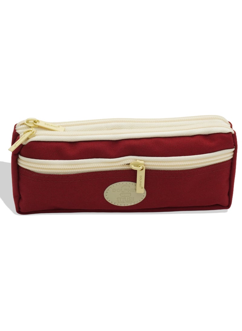 Dolphin Stylish Pencil Pouch 6420 – Burgundy/Maroon, Double-Deck, 3 Zips, Washable, Dirt-Proof, Spacious & Durable 