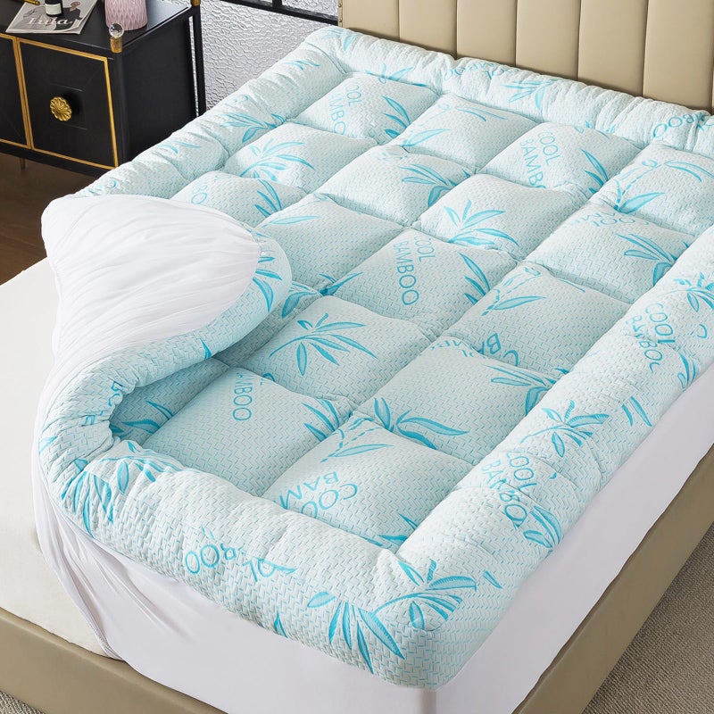 WhatsBedding 5 Inch Queen Mattress Topper Breathable Bamboo Viscose Air Layer,Memory Foam Mattress Topper Queen Size Blue. - Image 1