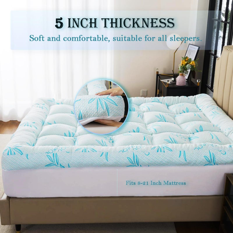 WhatsBedding 5 Inch Queen Mattress Topper Breathable Bamboo Viscose Air Layer,Memory Foam Mattress Topper Queen Size Blue. - Image 4