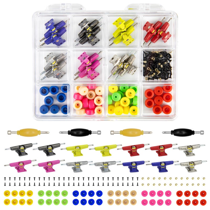 DisplayMore 14Pcs Multicolour Trucks 48Pcs Wheels 60Pcs Screws & 30PCS Nuts & 4PCS Spanner Tool for 96mm Fingerboard Skateboard Wooden Deck Parts - Image 1