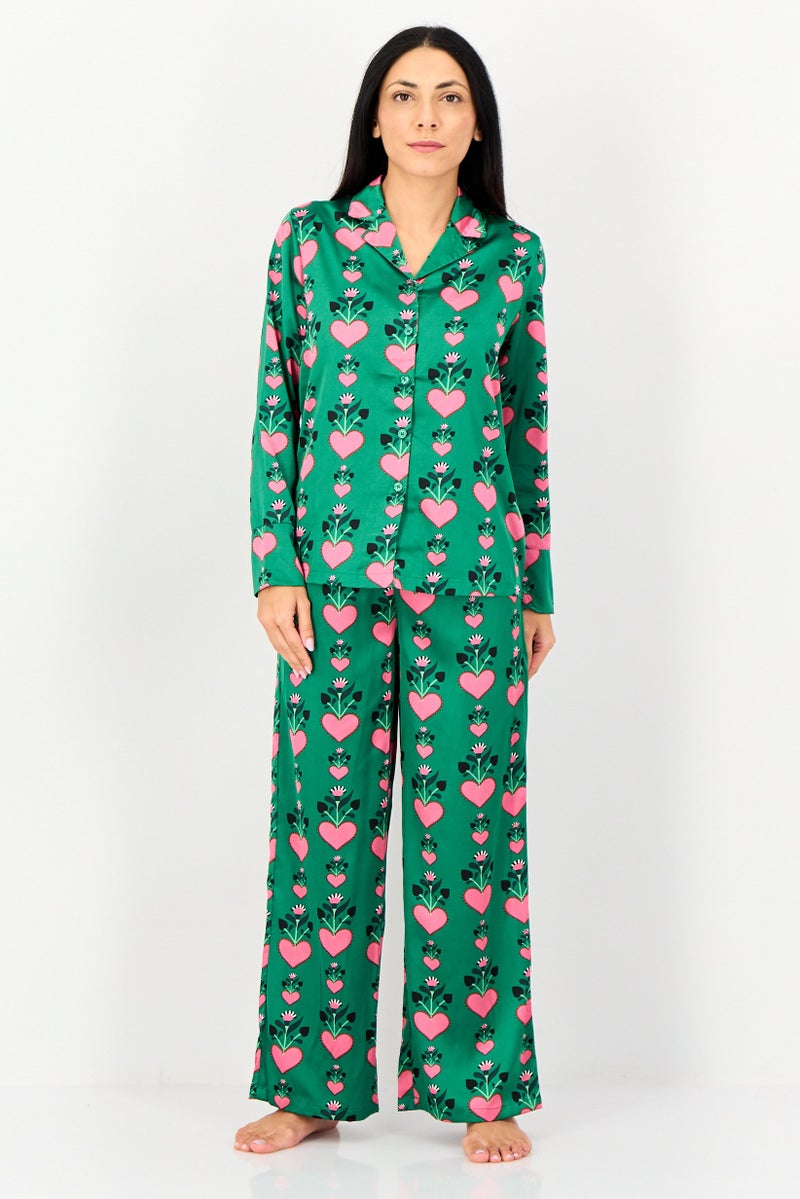 bebe Women 2 Pieces Allover Print Long Sleeve Nightwear Set, Multicolor - Image 1