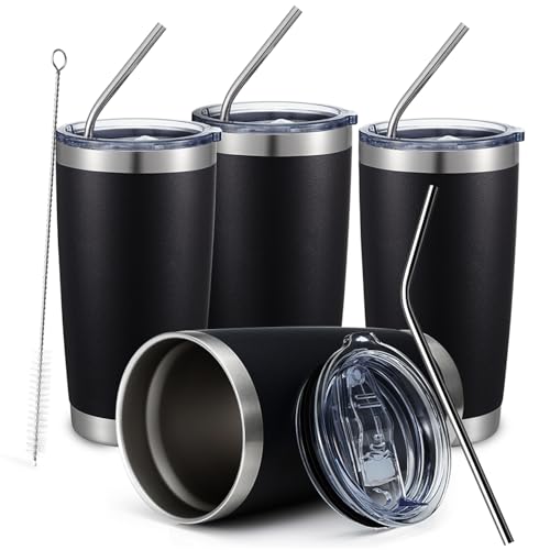COMOOO 20oz Black Tumbler 4 Pack Stainless Steel Insulated Travel Mug with Lid and Straw Vacuum Double Wall Coffee Cup for Hot Beverage and Cold Drinks(Black, 4 Pack) - Image 1