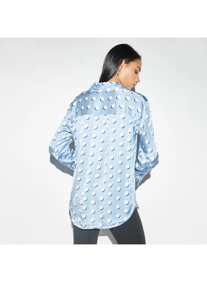 Iconic Iconic Printed Satin Oversized Shirt with Long Sleeves