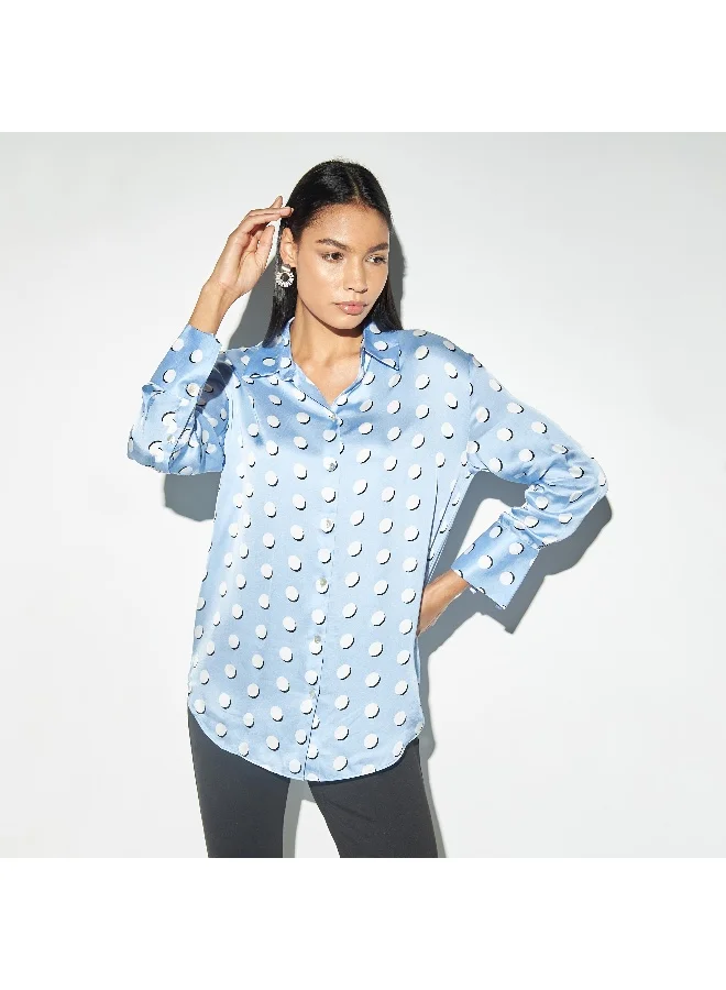 Iconic Iconic Printed Satin Oversized Shirt with Long Sleeves
