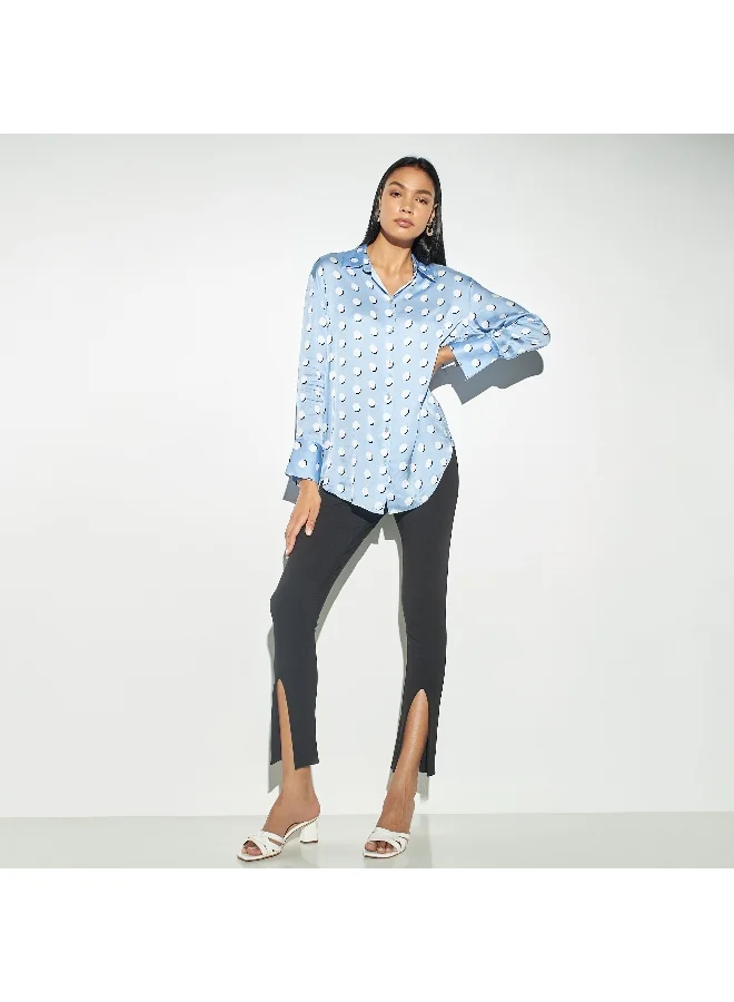 Iconic Iconic Printed Satin Oversized Shirt with Long Sleeves
