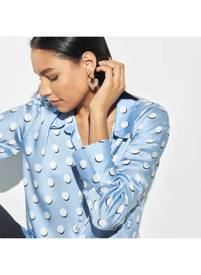 Iconic Iconic Printed Satin Oversized Shirt with Long Sleeves