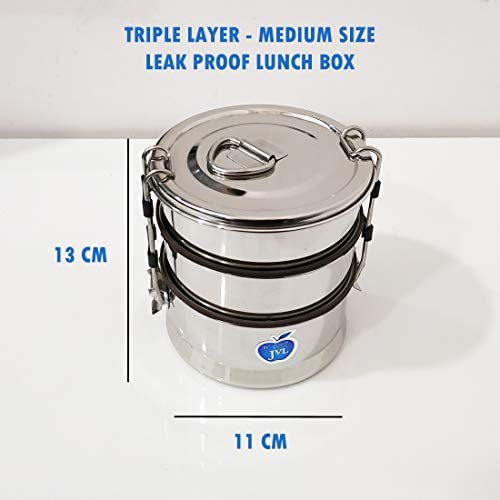 JVL Stainless Steel Tripe Layer Leak Proof Round Lunch Box, School and Office (Small) - Image 3