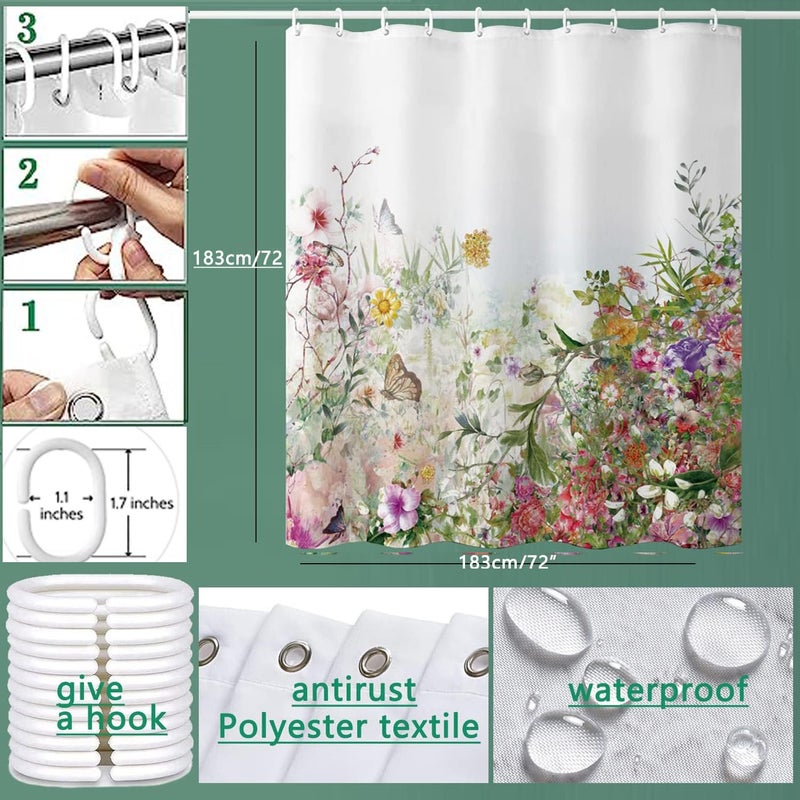 Niidder Shower Curtain  Fabric Shower Curtain Colored Flowers Shower Curtain - 72"" W x 72"" L with 12 Hooks for Home Hotels Shower Curtains for Bathroom  Waterproof Shower Curtain Liners - Image 3