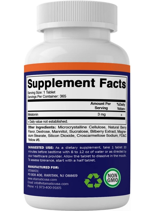 Vitamatic Melatonin 3mg Tablets | Vegetarian, Non-GMO, Gluten Free | 1 Year Supply | Natural Berry Flavor - 365 Tablets - Image 5