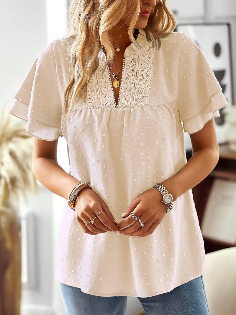 Falechay Plus Size Tops for Women Dressy Casual Short Sleeves Western Womens Blouses V Neck Ruffle Sleeve Summer Shirts Business Tunic Cute Swiss Dot Boho Top Bohemian Flowy Shirt Apricot 3XL - Image 5