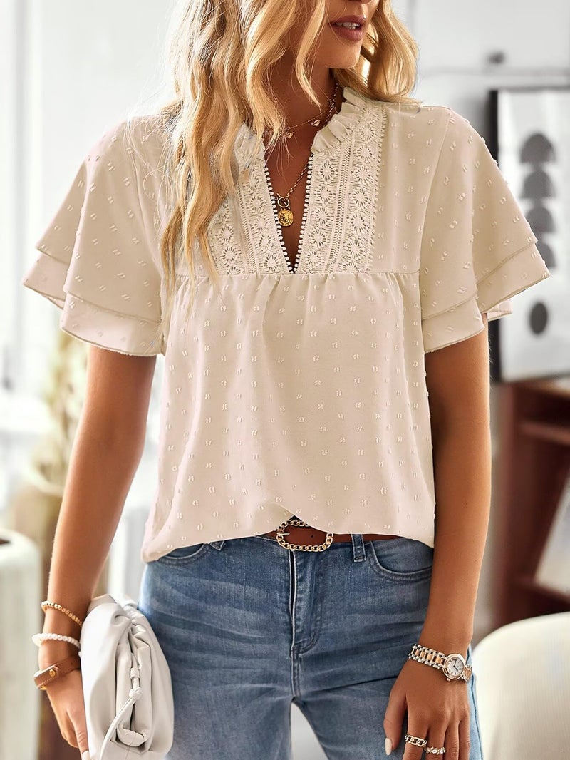 Falechay Plus Size Tops for Women Dressy Casual Short Sleeves Western Womens Blouses V Neck Ruffle Sleeve Summer Shirts Business Tunic Cute Swiss Dot Boho Top Bohemian Flowy Shirt Apricot 3XL - Image 4