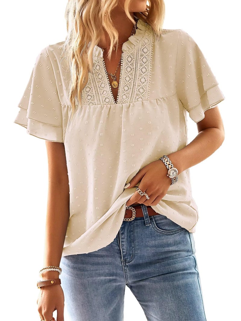 Falechay Plus Size Tops for Women Dressy Casual Short Sleeves Western Womens Blouses V Neck Ruffle Sleeve Summer Shirts Business Tunic Cute Swiss Dot Boho Top Bohemian Flowy Shirt Apricot 3XL - Image 1